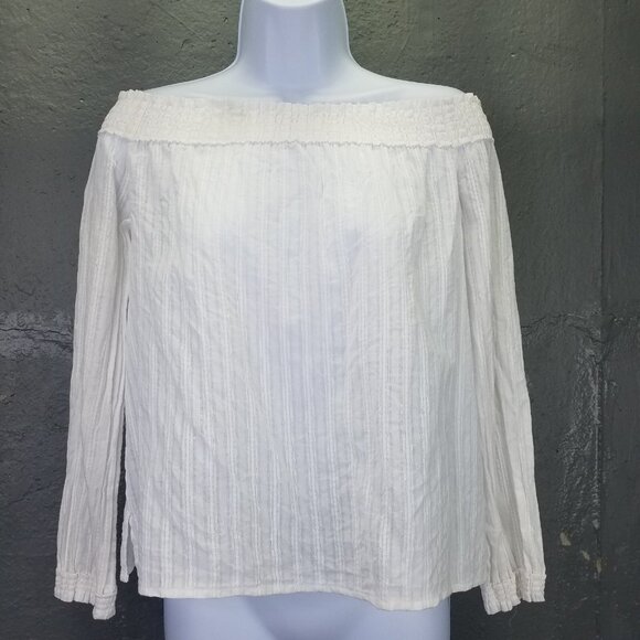 Rag & Bone Drew Blouse Women S Off Shoulder Smocked White Stripe Cotton Crop Top - Picture 1 of 15